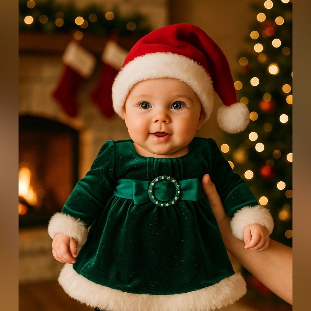 Bonnie Baby 3-6M Green Velvet Christmas Dress Faux Fur Holiday Baby Girl